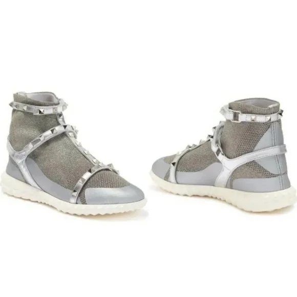 $995 Valentino GARAVANI Silver Rockstud Knit Sneakers SZ IT 40/ US 10 NIB - Picture 1 of 12